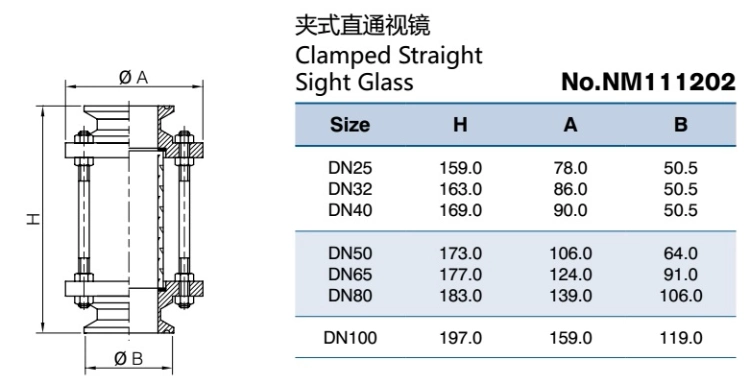 Sanitary Stainless Steel Clamped Straight Sight Glass (DIN-No. NM111202)